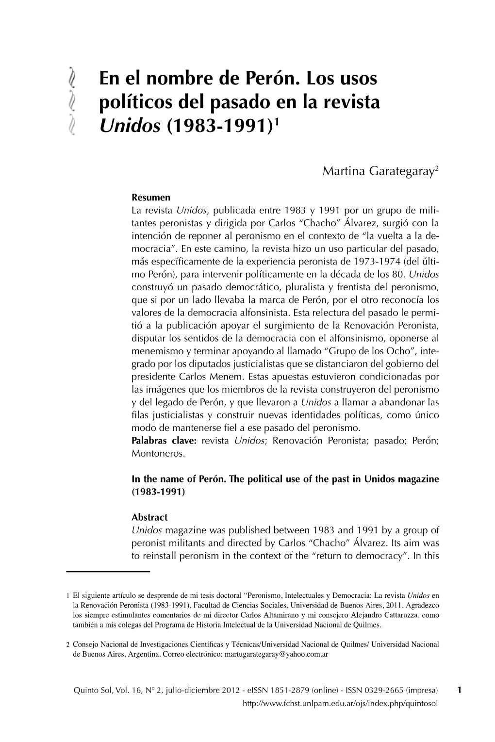 En El Nombre De Perón. Los Usos Políticos Del Pasado En La Revista Unidos (1983-1991)