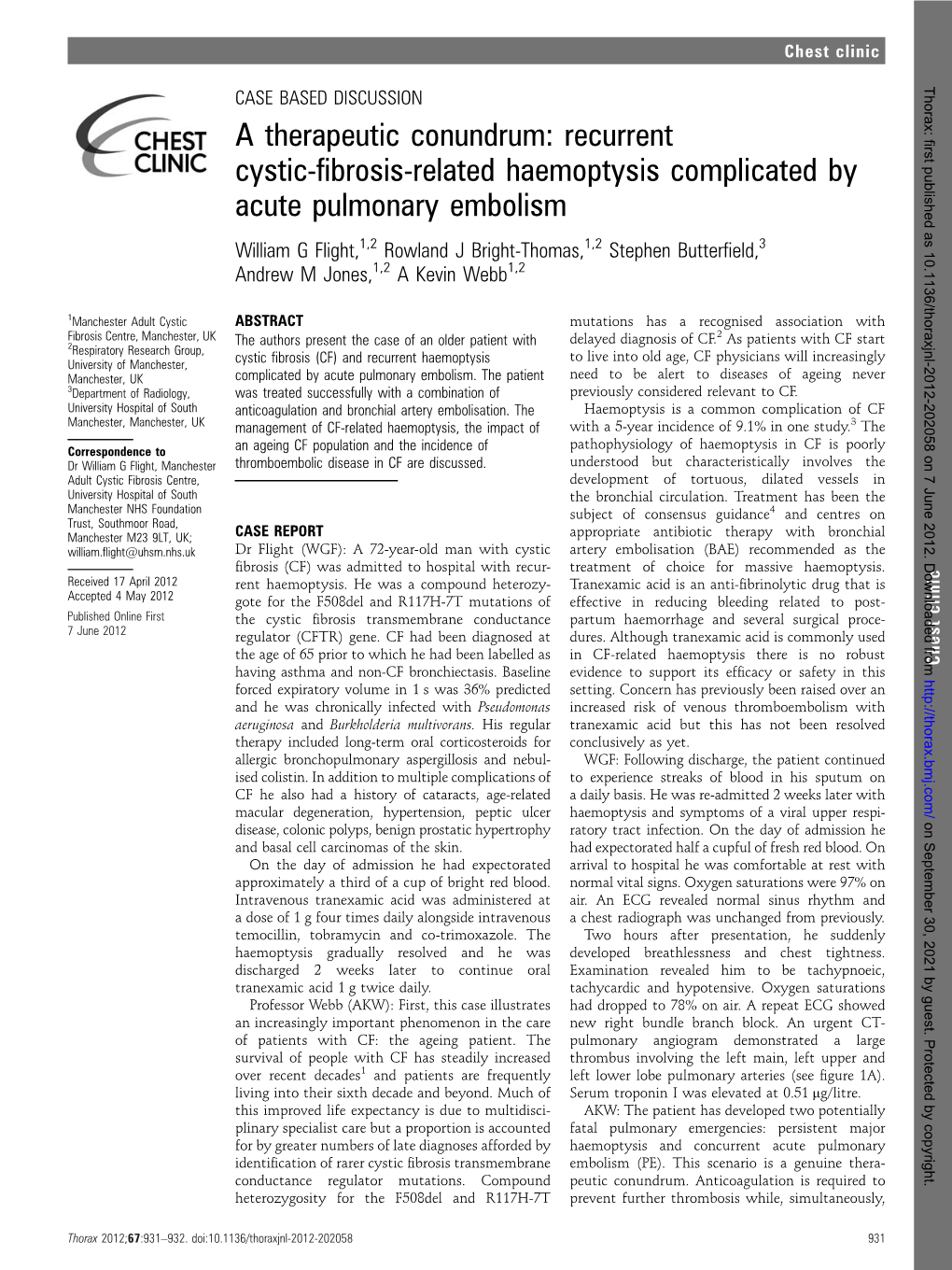 Recurrent Cystic-Fibrosis-Related Haemoptysis Complicated by Acute Pulmonary Embolism