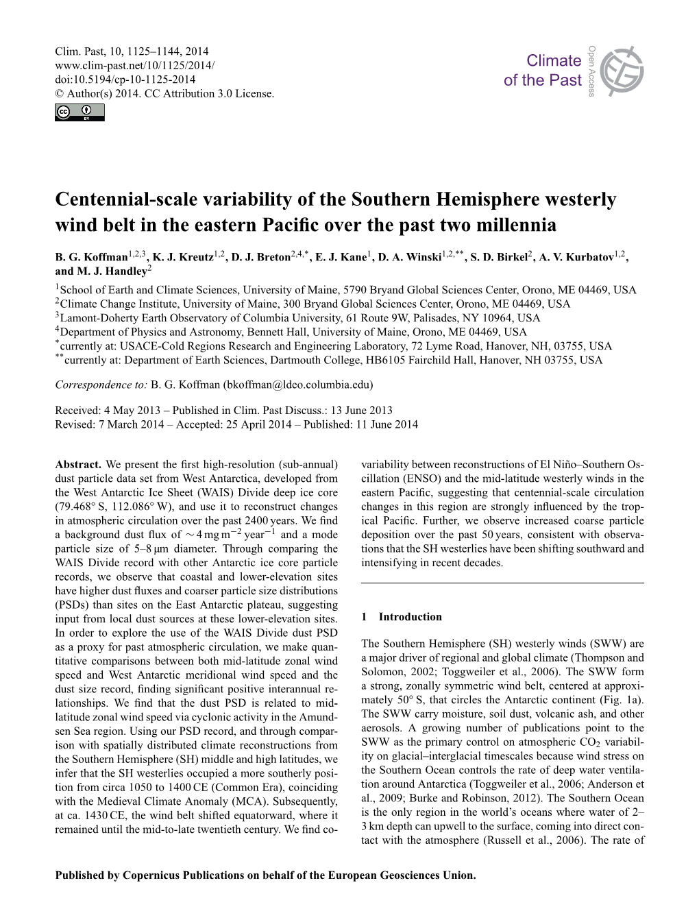 Centennial-Scale Variability of the Southern Hemisphere Westerly Wind Belt in the Eastern Paciﬁc Over the Past Two Millennia