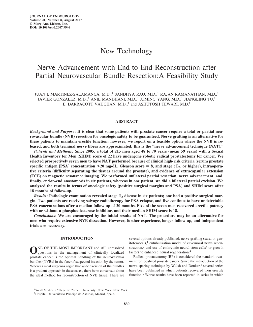 Nerve Advancement with End-To-End Reconstruction After Partial Neurovascular Bundle Resection:A Feasibility Study