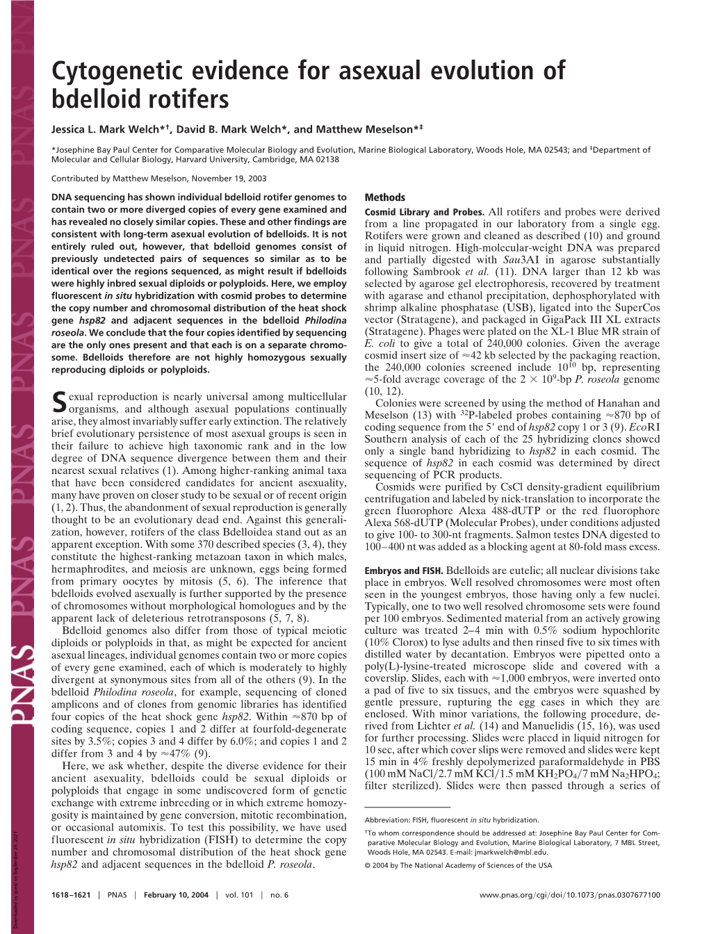 Cytogenetic Evidence for Asexual Evolution of Bdelloid Rotifers