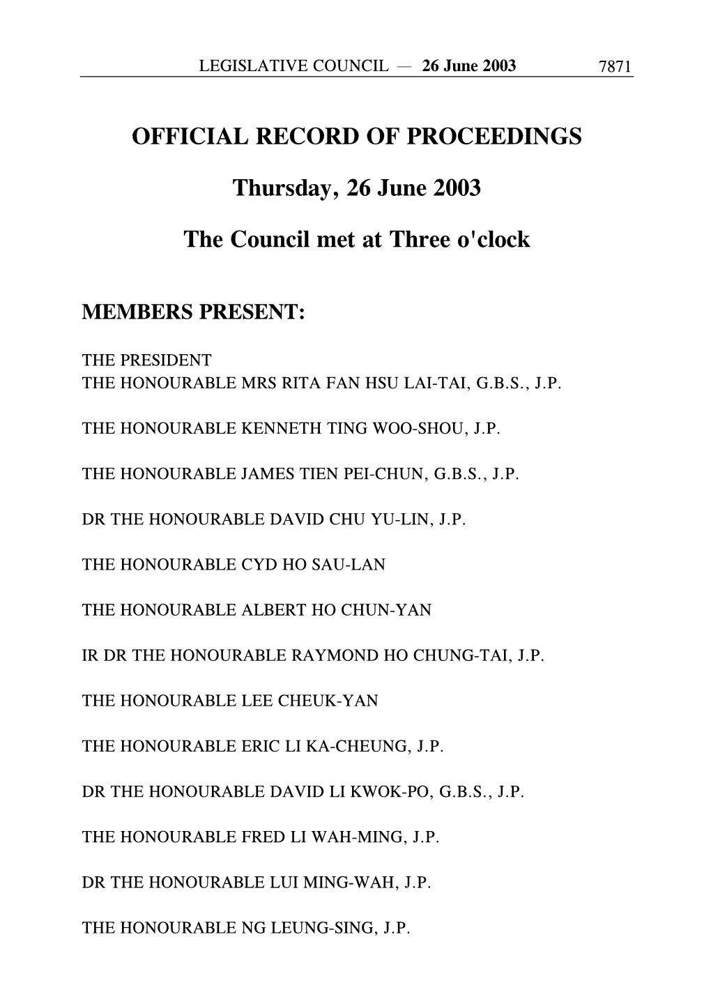 OFFICIAL RECORD of PROCEEDINGS Thursday, 26 June