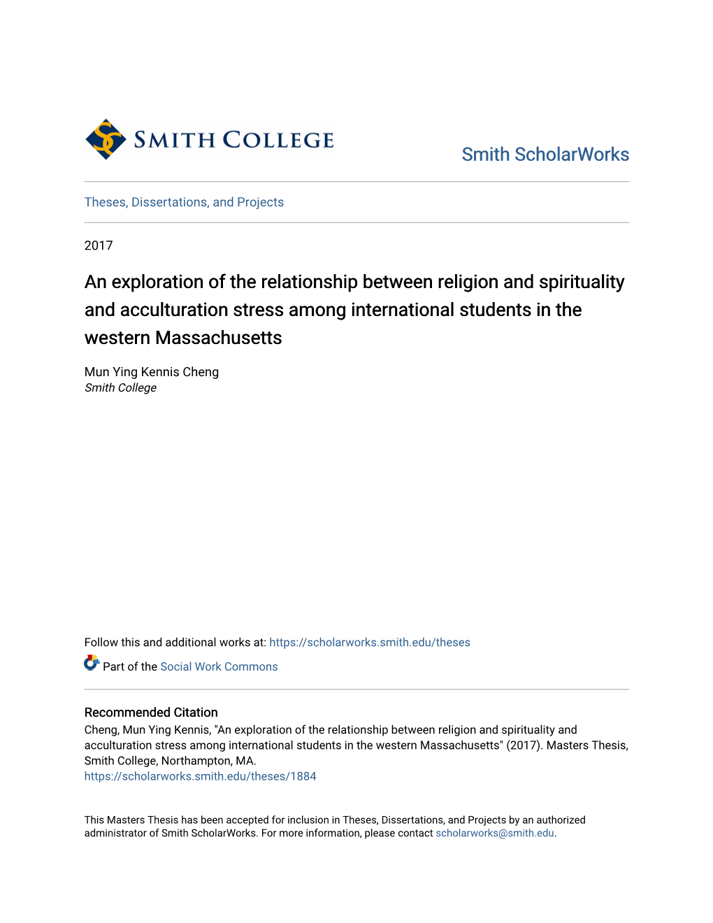 An Exploration of the Relationship Between Religion and Spirituality and Acculturation Stress Among International Students in the Western Massachusetts