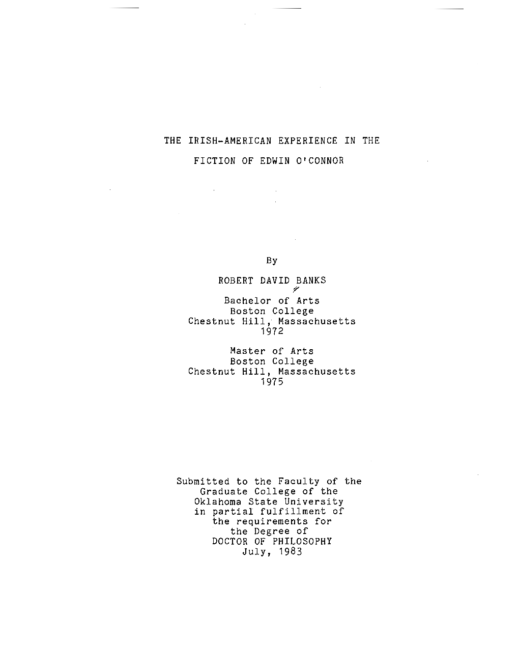 The Irish-American Experience in the Fiction of Edwin O'connor