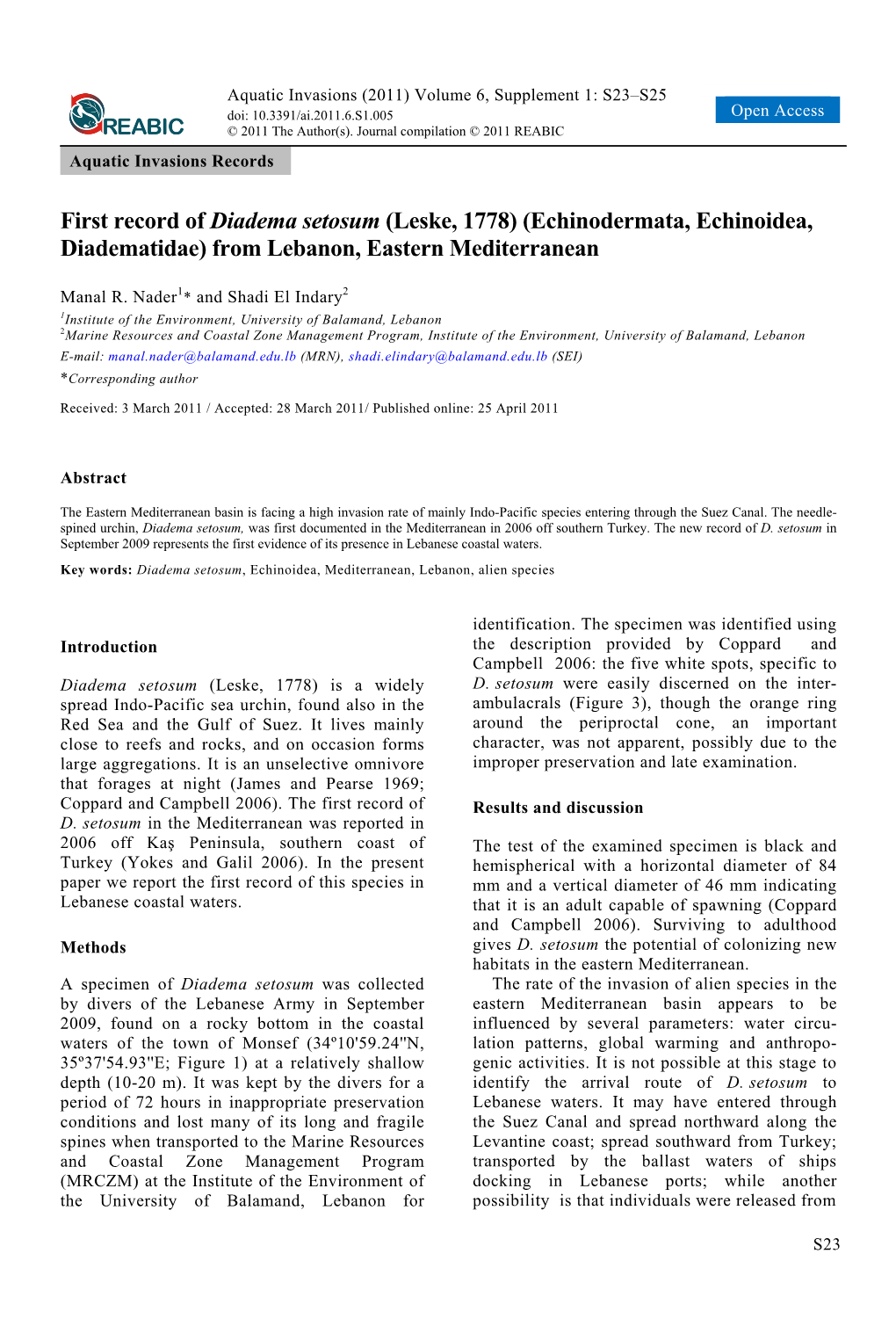 First Record of Diadema Setosum (Leske, 1778) (Echinodermata, Echinoidea, Diadematidae) from Lebanon, Eastern Mediterranean