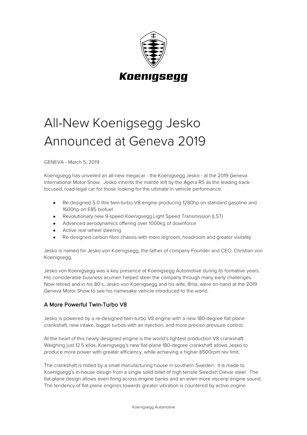 Koenigsegg Jesko Announced at Geneva 2019