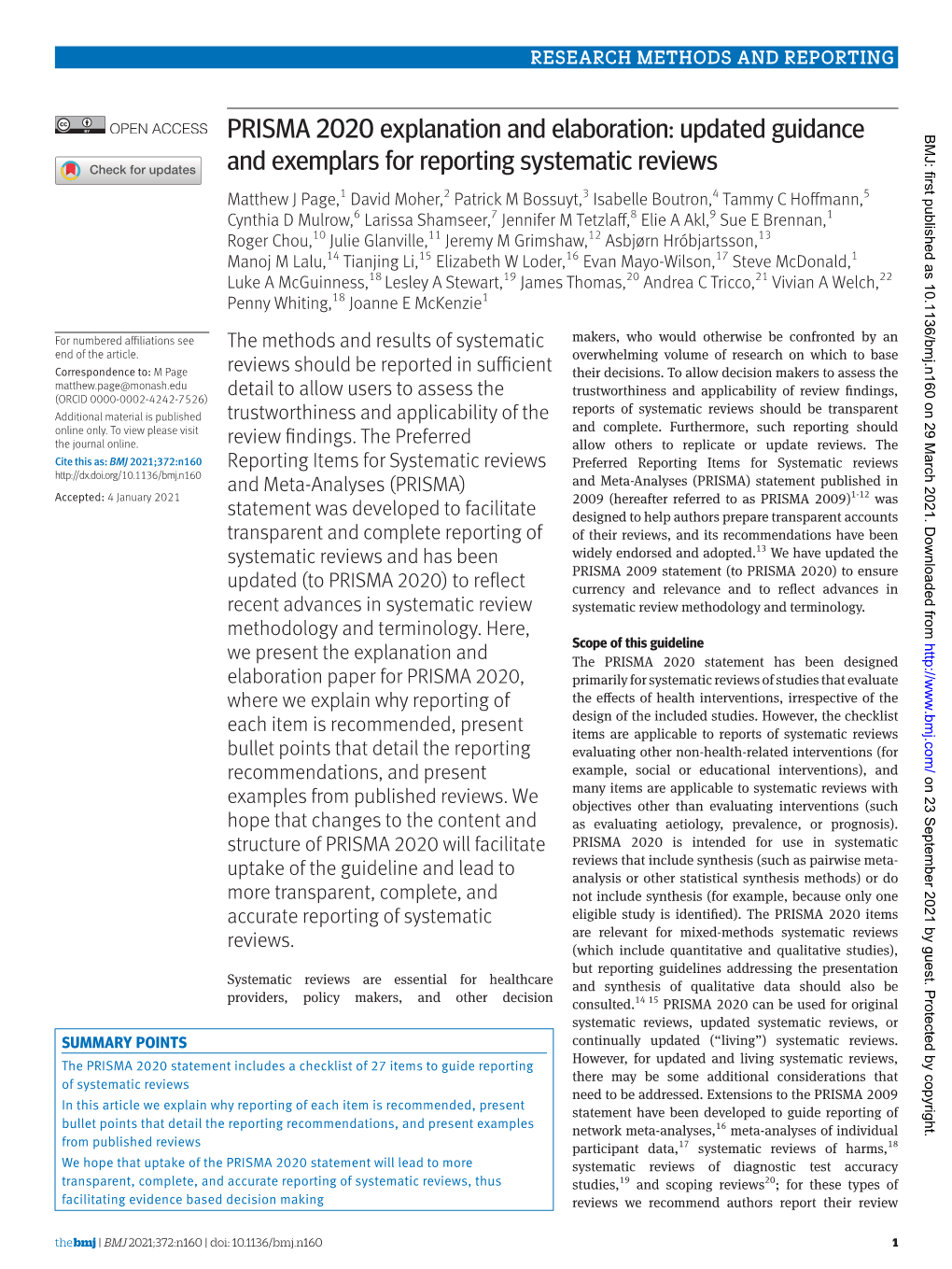 PRISMA 2020 Explanation and Elaboration: Updated Guidance BMJ: First Published As 10.1136/Bmj.N160 on 29 March 2021