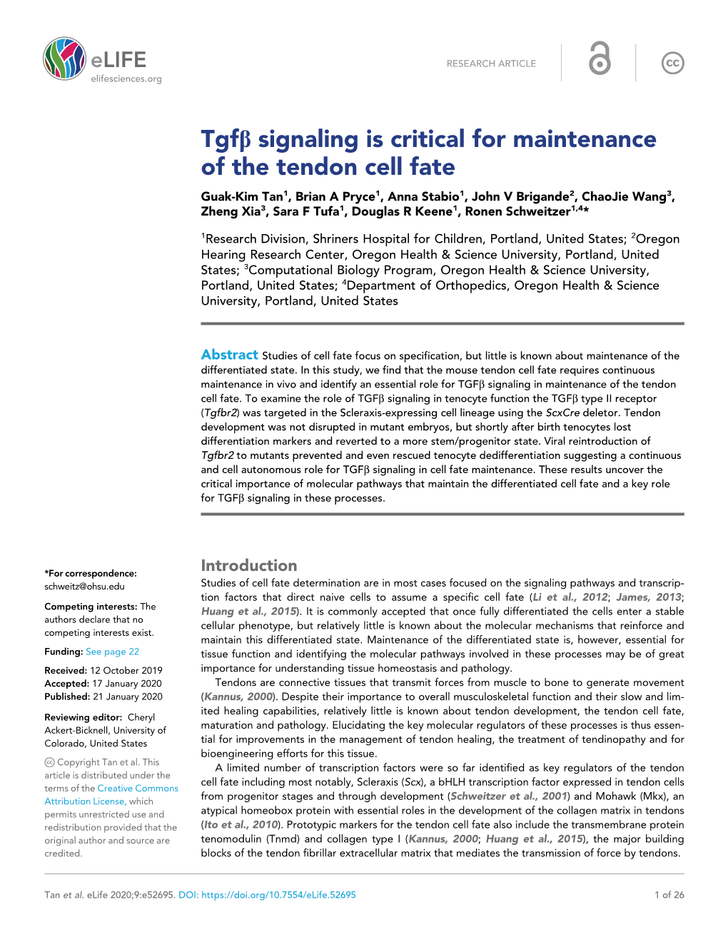 Tgfb Signaling Is Critical for Maintenance of the Tendon Cell Fate