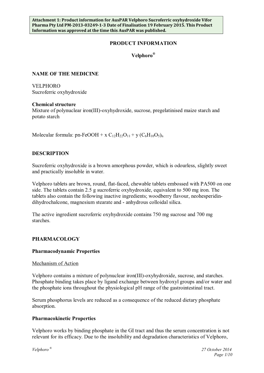 Auspar Attachment 1: Product Information for Velphoro