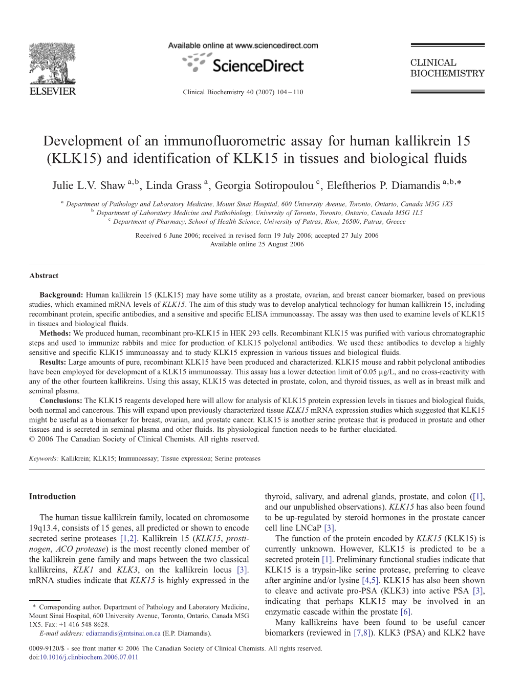 KLK15) and Identification of KLK15 in Tissues and Biological Fluids ⁎ Julie L.V