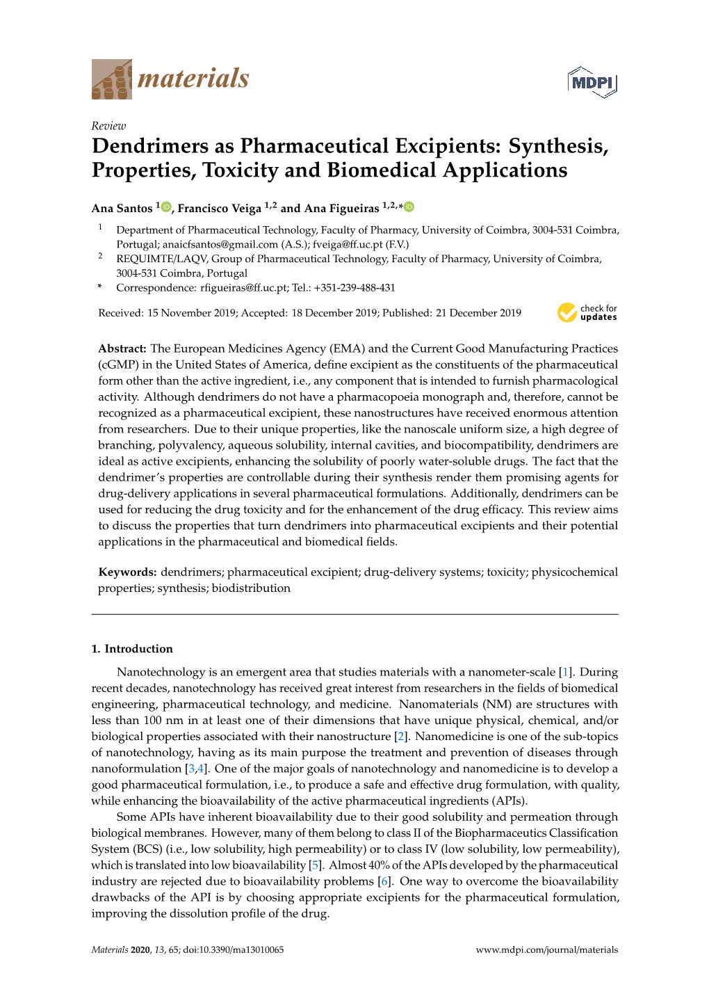 Dendrimers As Pharmaceutical Excipients: Synthesis, Properties, Toxicity and Biomedical Applications