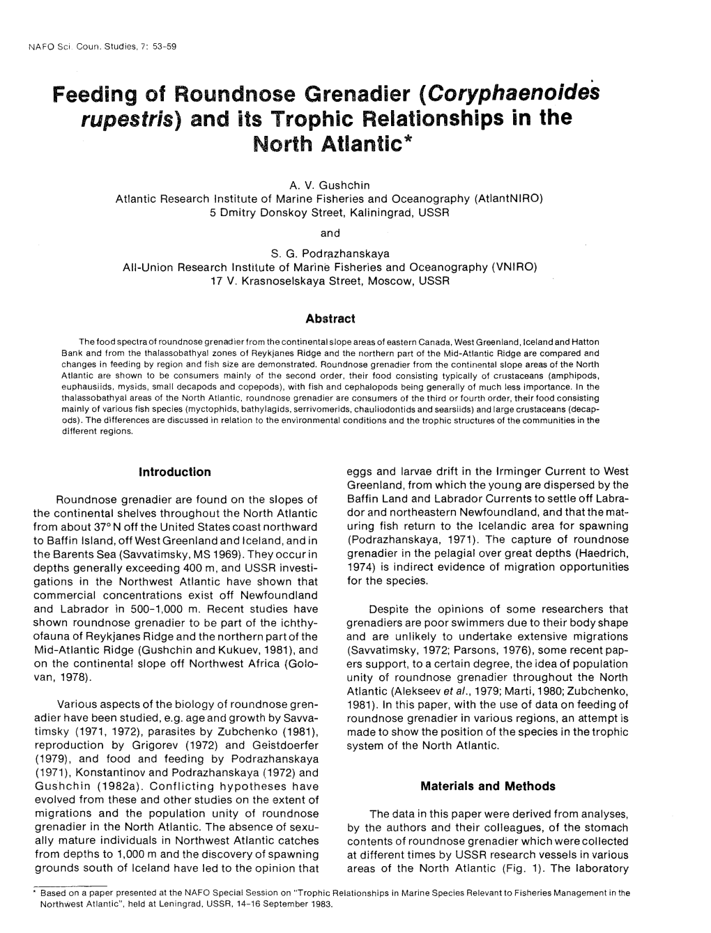 Feeding of Roundnose Grenadier (Coryphaenoides Rupestris) and Its Trophic Relationships in the North Atlantic*