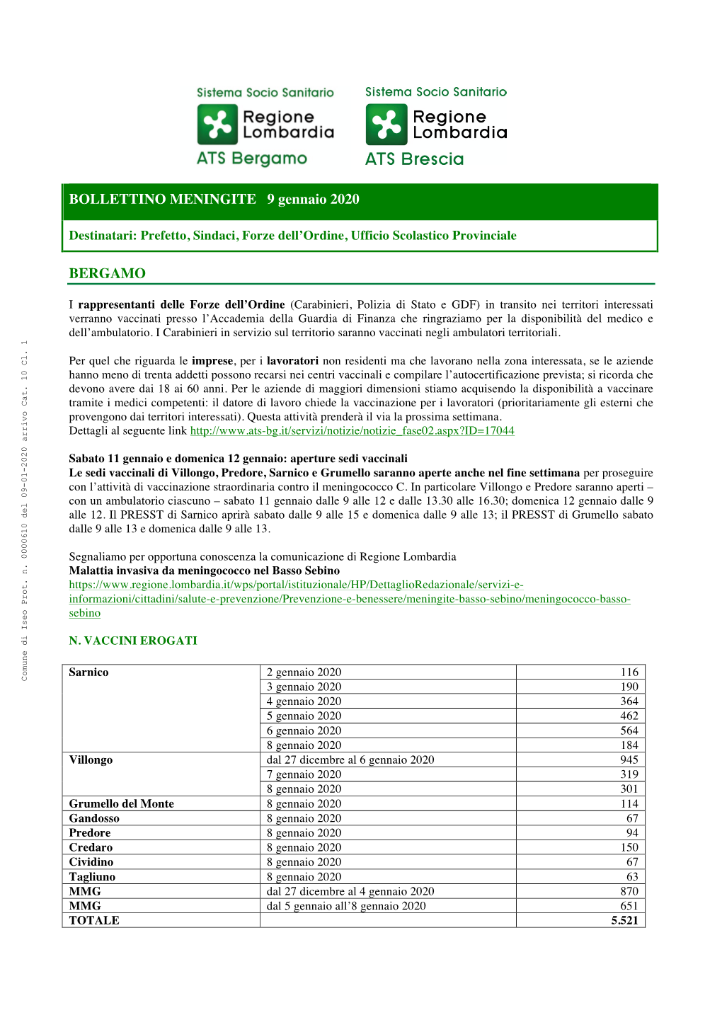 BOLLETTINO MENINGITE 9 Gennaio 2020 BERGAMO