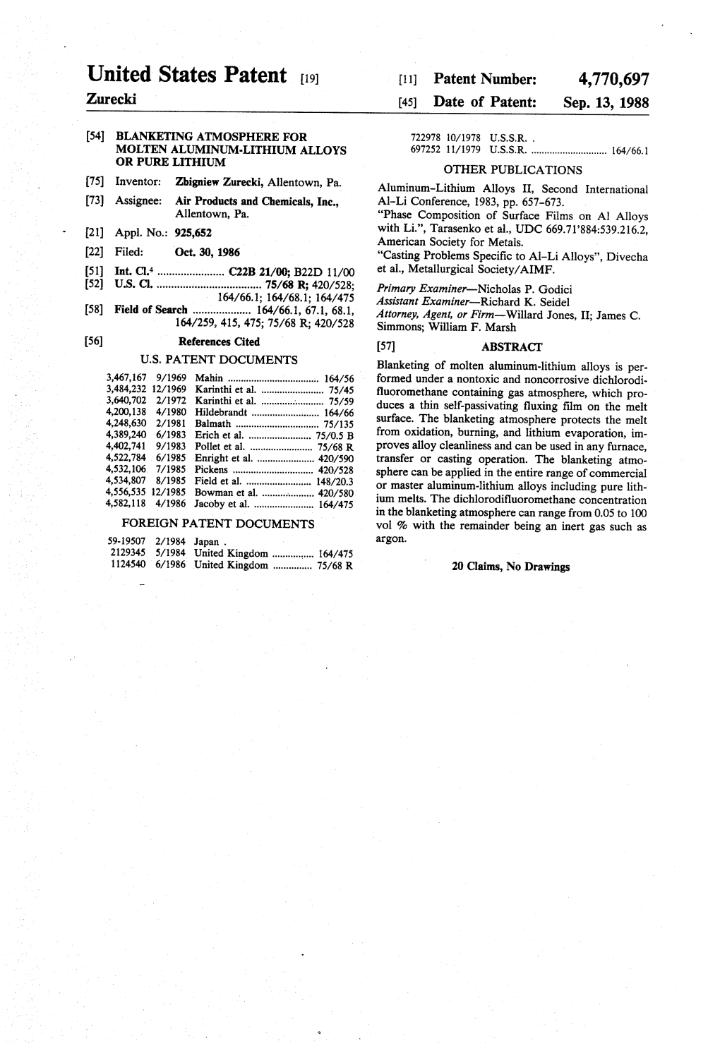 United States Patent (19) 11) Patent Number: 4,770,697 Zurecki 45) Date of Patent: Sep