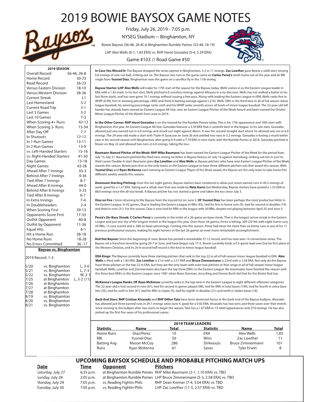 2019 BOWIE BAYSOX GAME NOTES Friday, July 26, 2019 - 7:05 P.M