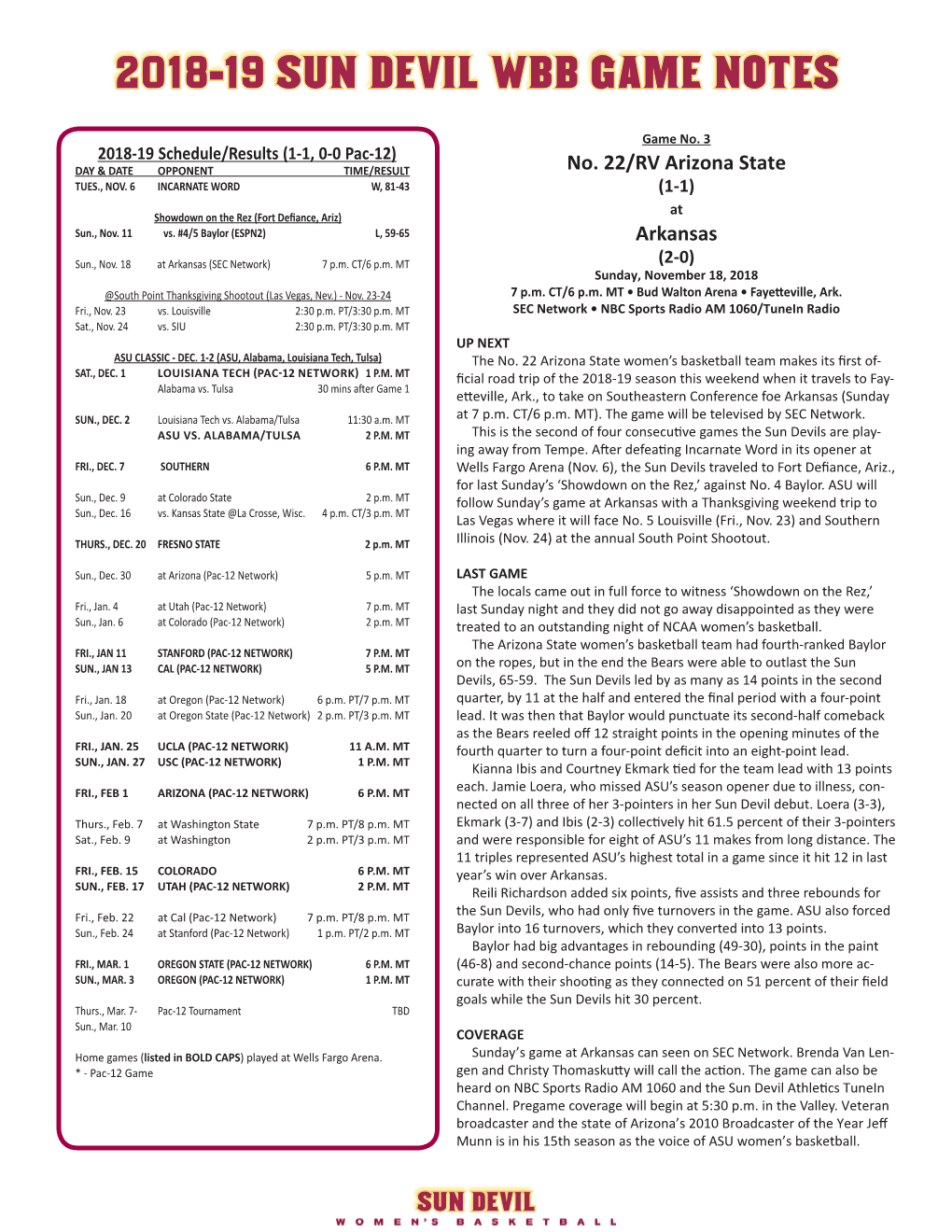 2018-19 Sun Devil Wbb Game Notes