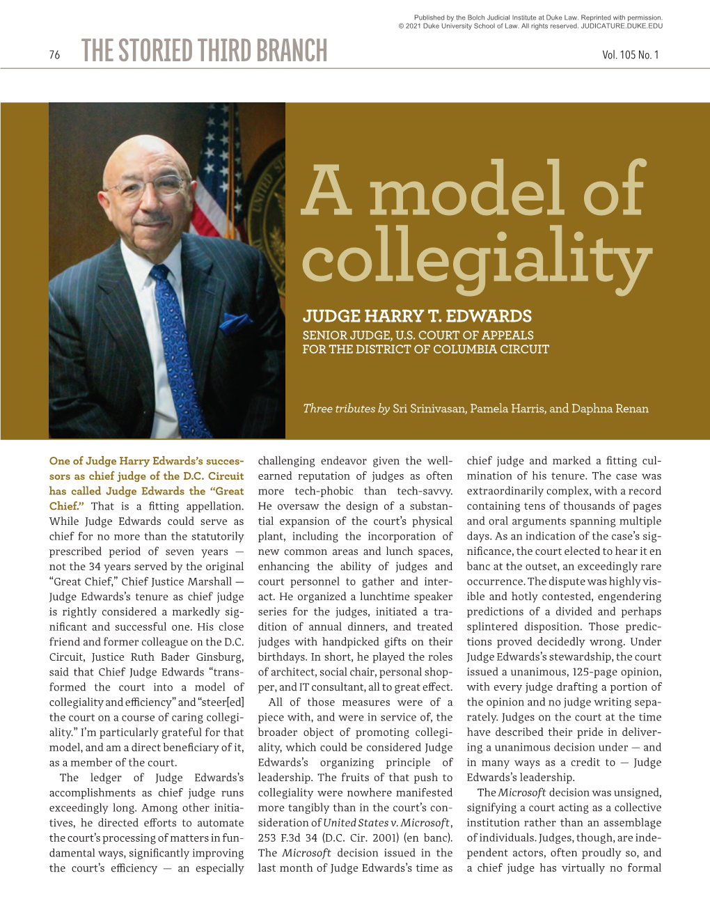 A Model of Collegiality: Judge Harry T. Edwards