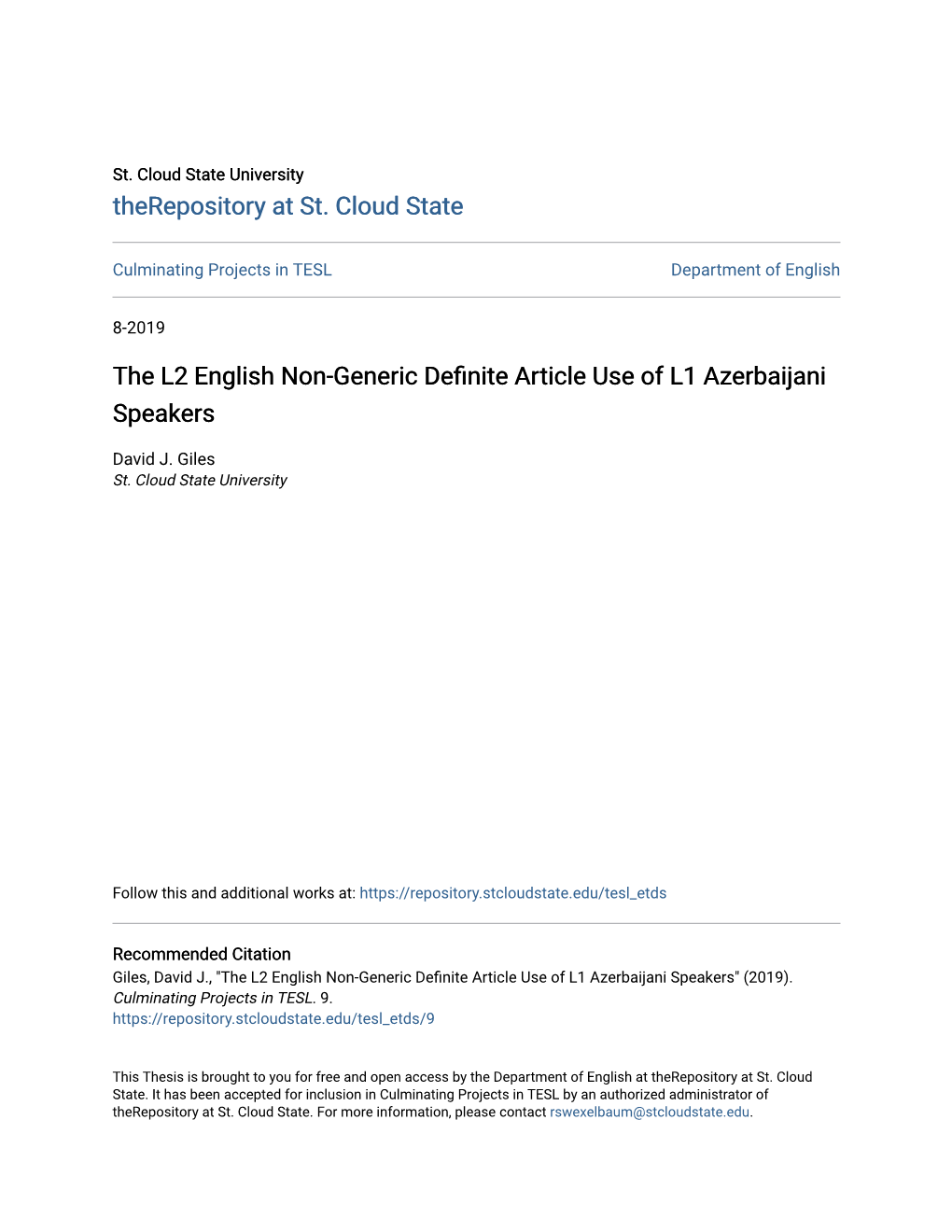 The L2 English Non-Generic Definite Article Use of L1 Azerbaijani Speakers