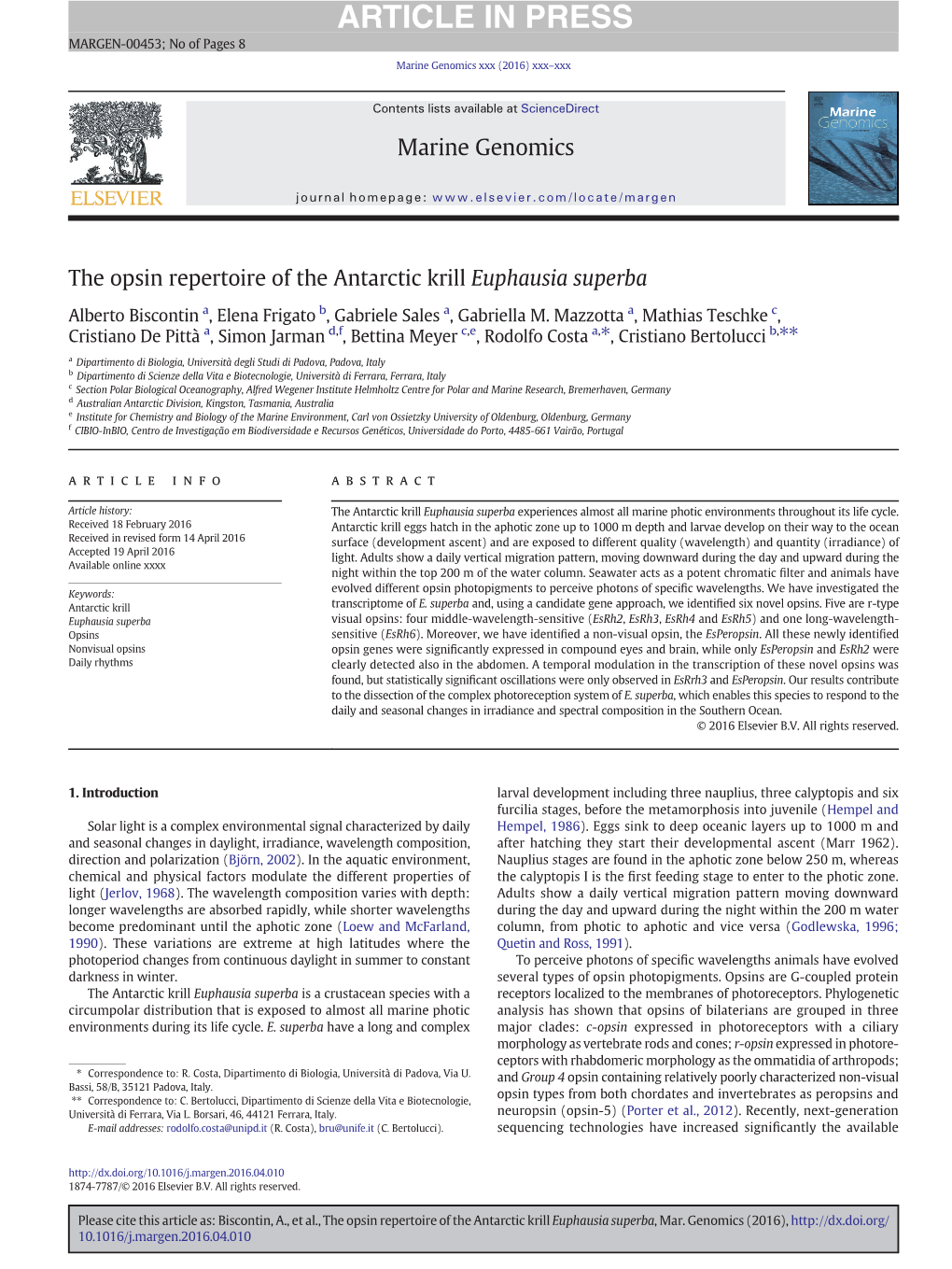 The Opsin Repertoire of the Antarctic Krill Euphausia Superba