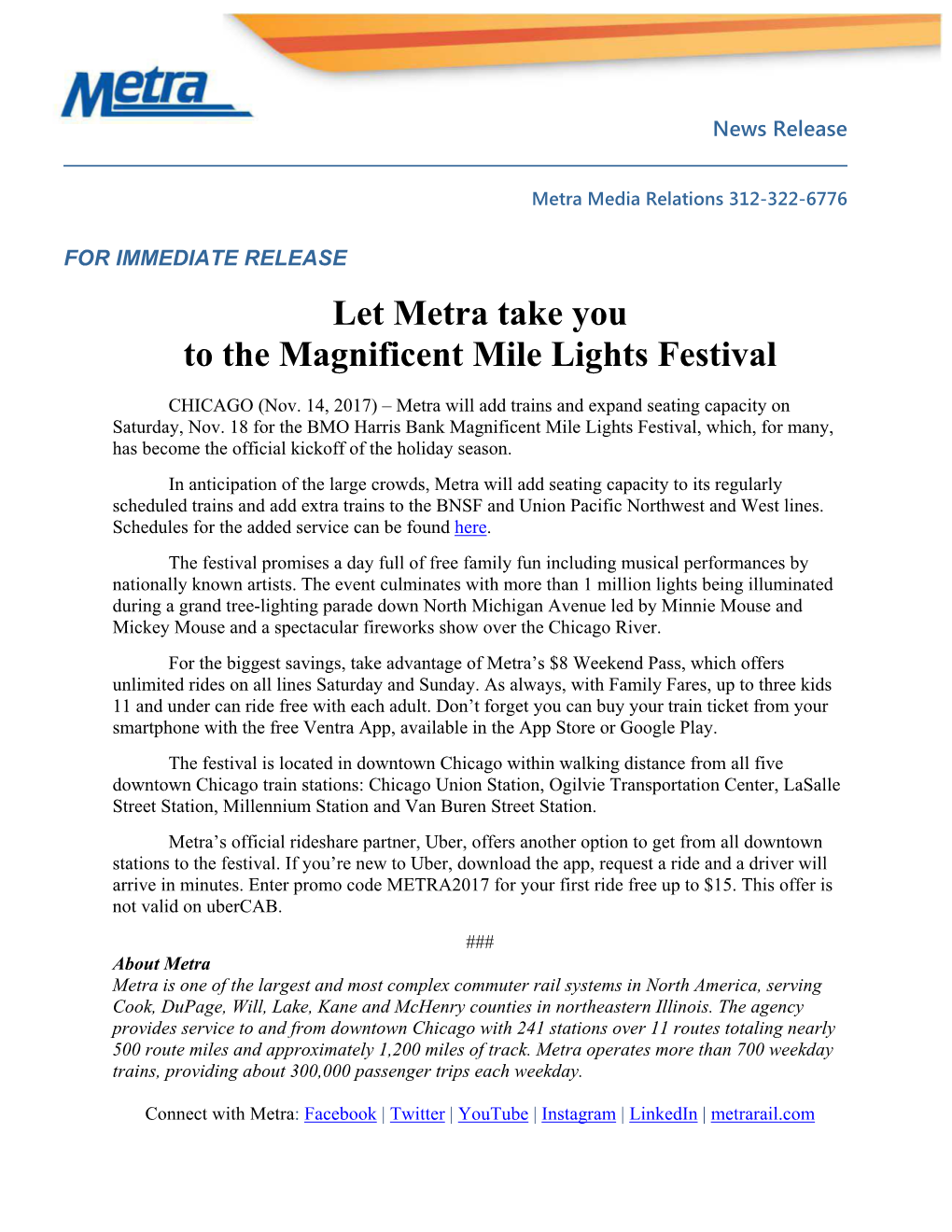 Let Metra Take You to the Magnificent Mile Lights Festival