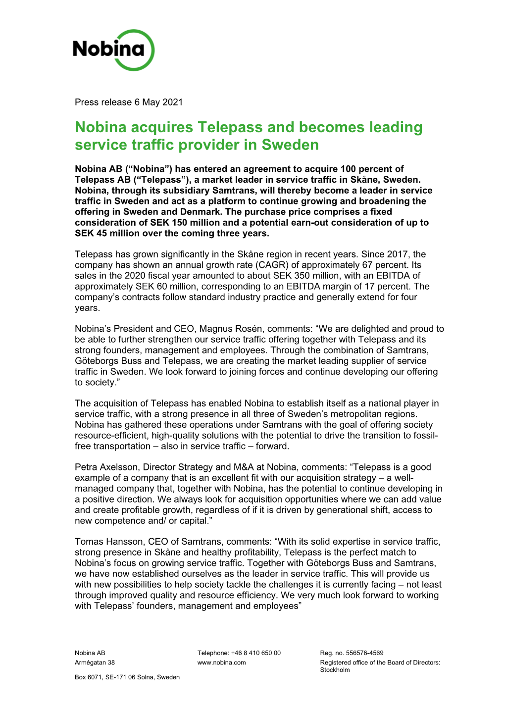 Nobina Acquires Telepass and Becomes Leading Service Traffic Provider in Sweden