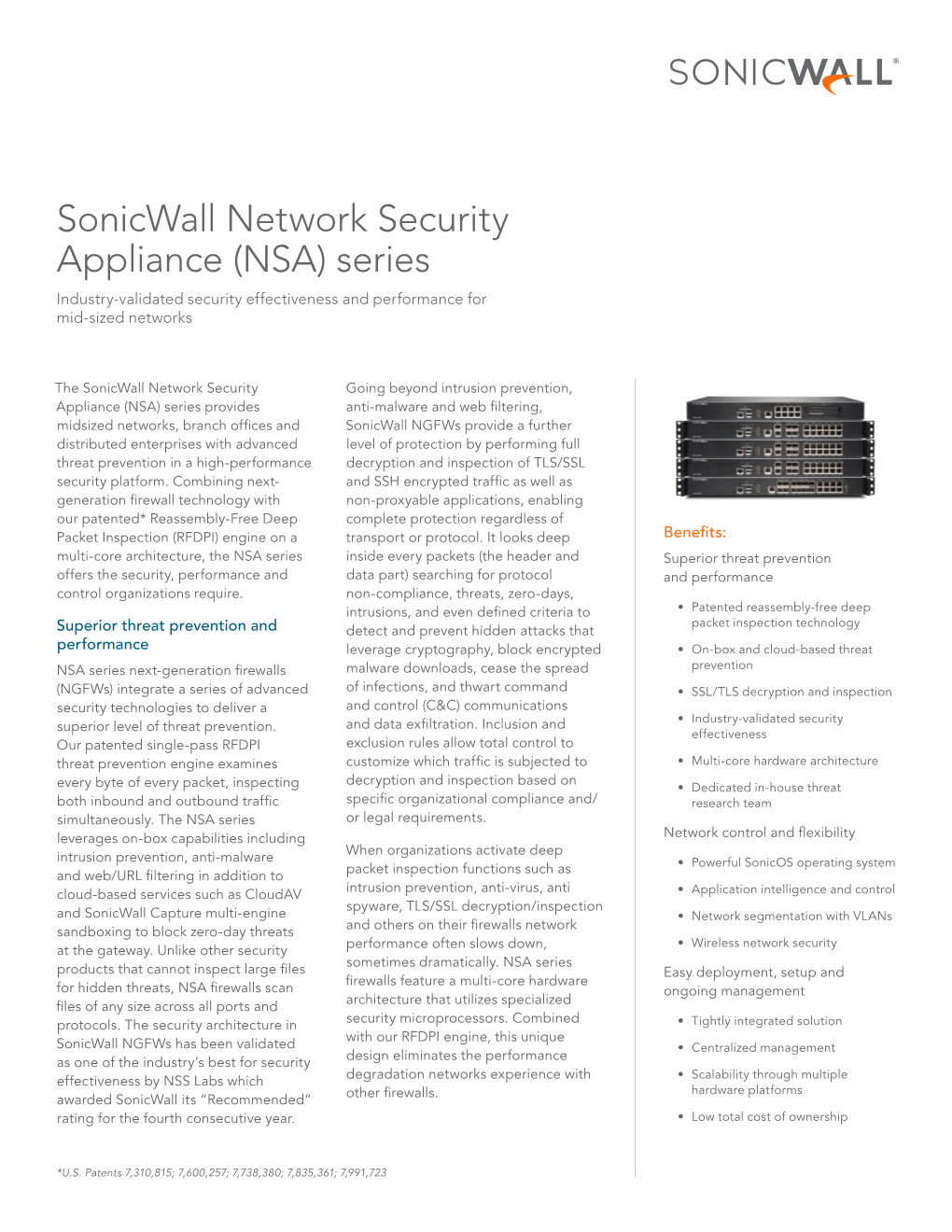 Sonicwall Network Security Appliance (NSA) Series Industry-Validated Security Effectiveness and Performance for Mid-Sized Networks