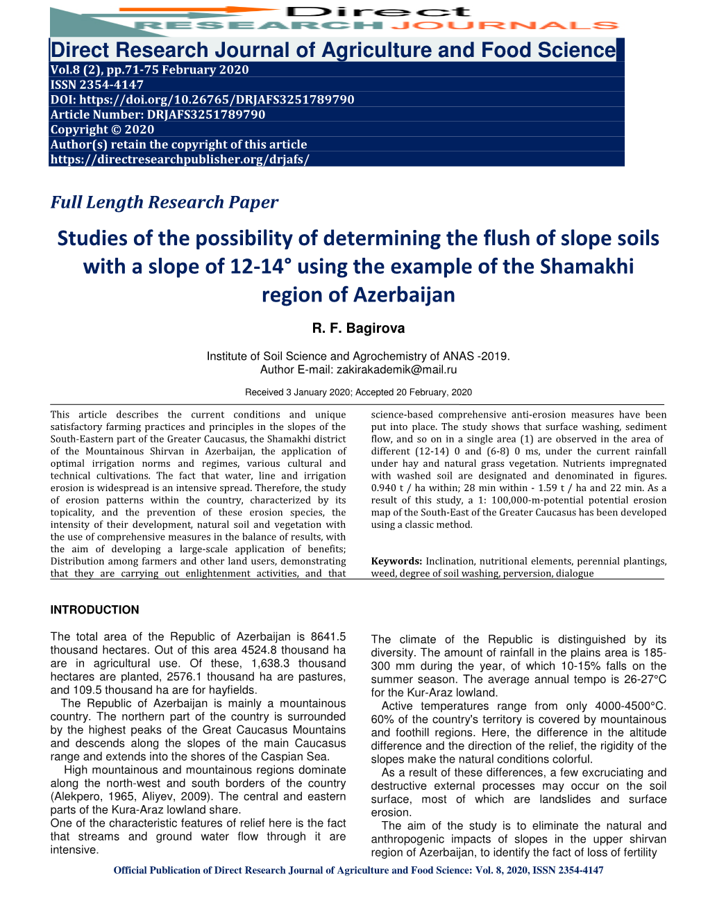 Studies of the Possibility of Determining the Flush of Slope Soils with a Slope of 12-14° Using the Example of the Shamakhi Region of Azerbaijan