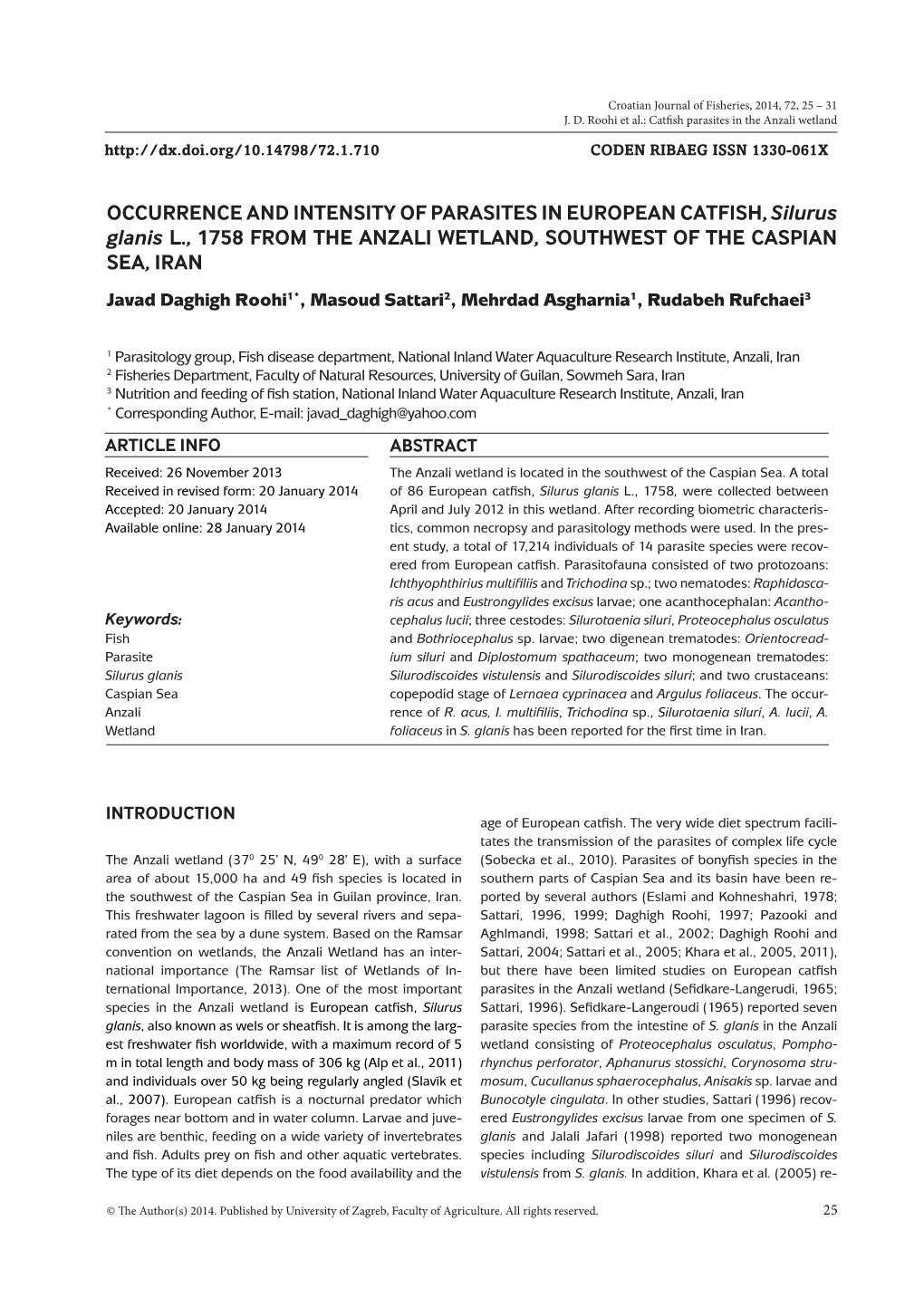 OCCURRENCE and INTENSITY of PARASITES in EUROPEAN CATFISH, Silurus Glanis L., 1758 from the ANZALI WETLAND, SOUTHWEST of the CASPIAN SEA, IRAN