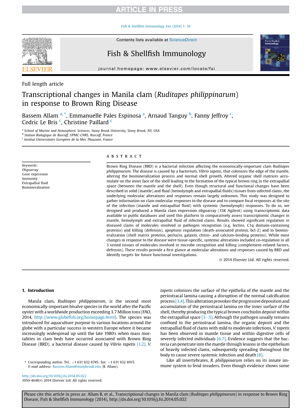 Transcriptional Changes in Manila Clam (Ruditapes Philippinarum) in Response to Brown Ring Disease