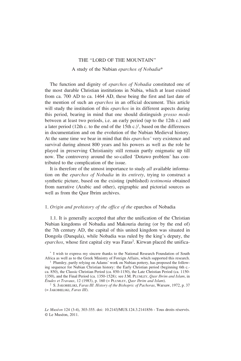 A Study of the Nubian Eparchos of Nobadia* the Function and Dignity