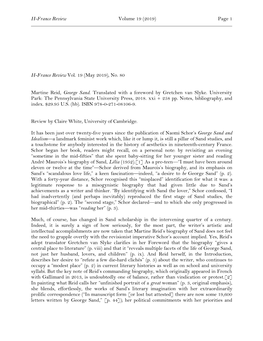 H-France Review Vol. 19 (May 2019), No. 80 Martine Reid, George Sand