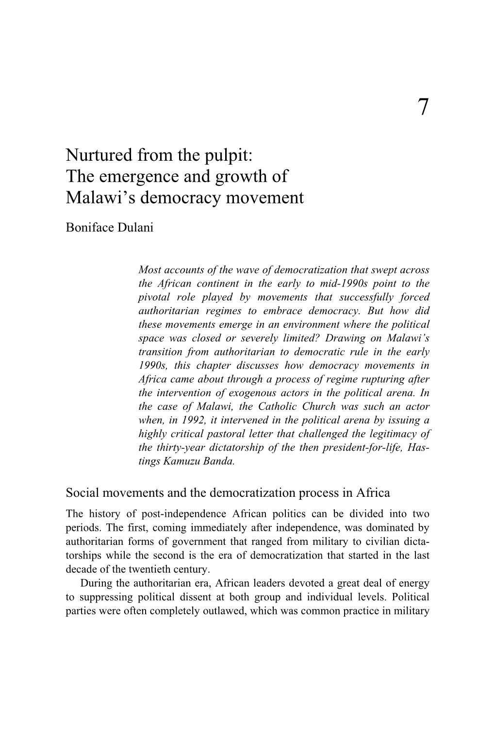 Nurtured from the Pulpit: the Emergence and Growth of Malawi's Democracy Movement