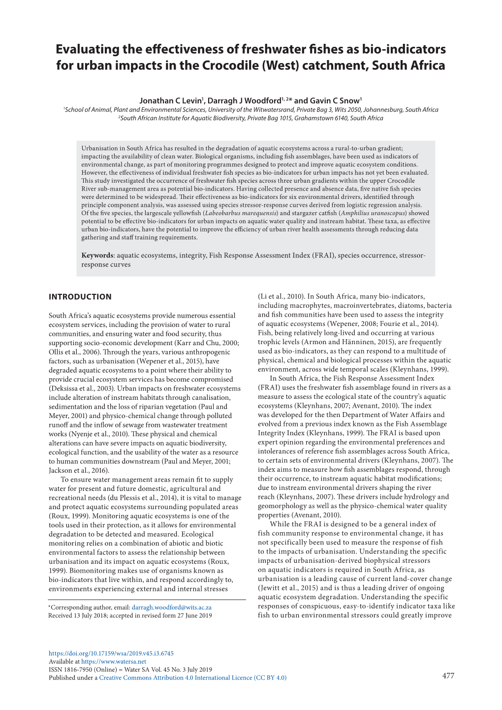 Evaluating the Effectiveness of Freshwater Fishes As Bio-Indicators for Urban Impacts in the Crocodile (West) Catchment, South Africa