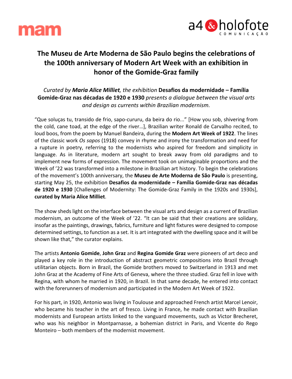 The Museu De Arte Moderna De São Paulo Begins the Celebrations of the 100Th Anniversary of Modern Art Week with an Exhibition in Honor of the Gomide-Graz Family