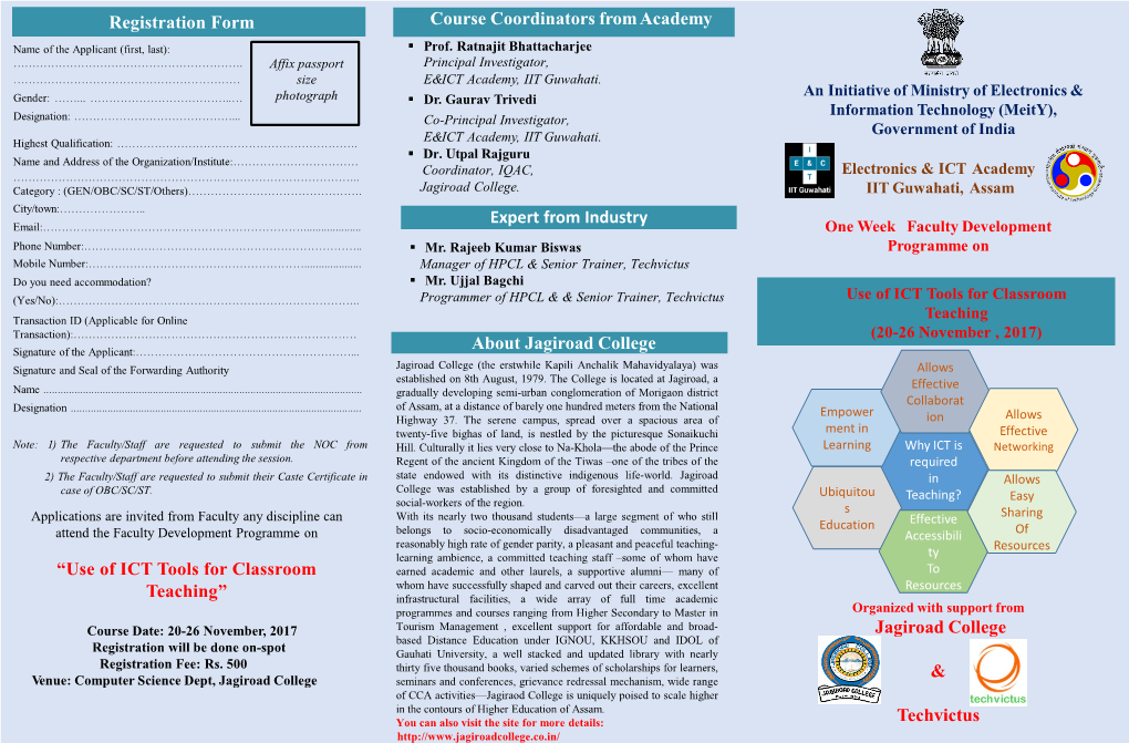 Registration Form Jagiroad College & Techvictus “Use of ICT Tools For