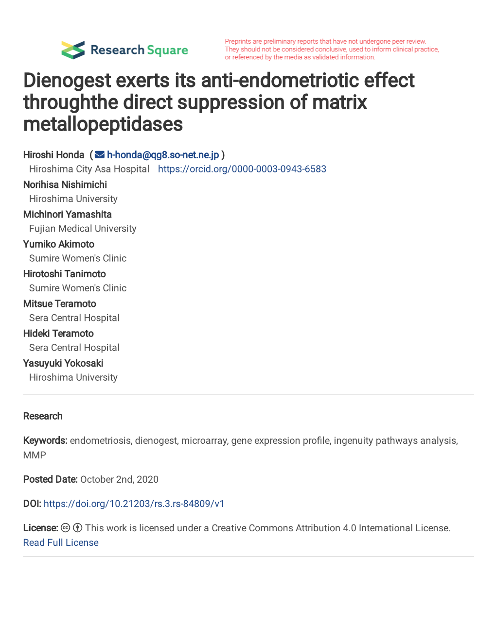 Dienogest Exerts Its Anti-Endometriotic Effect Throughthe Direct Suppression of Matrix Metallopeptidases