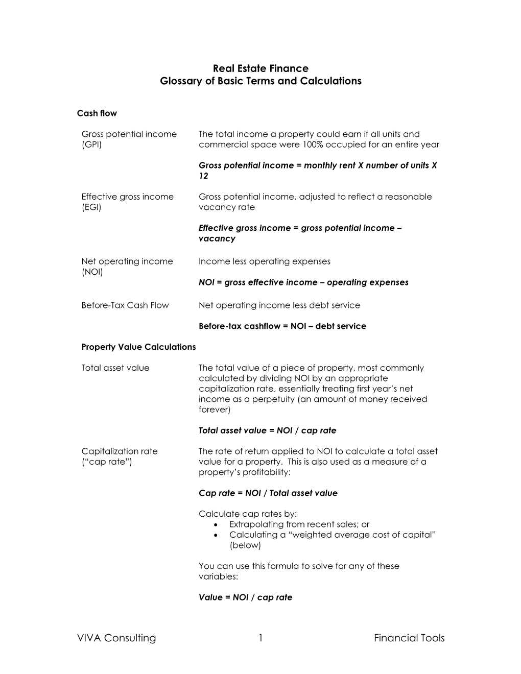 Real Estate Finance Glossary of Basic Terms and Calculations