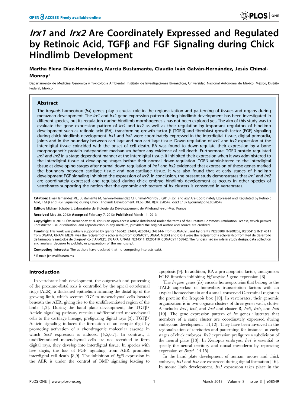 Irx1 and Irx2 Are Coordinately Expressed and Regulated by Retinoic Acid, Tgfb and FGF Signaling During Chick Hindlimb Development