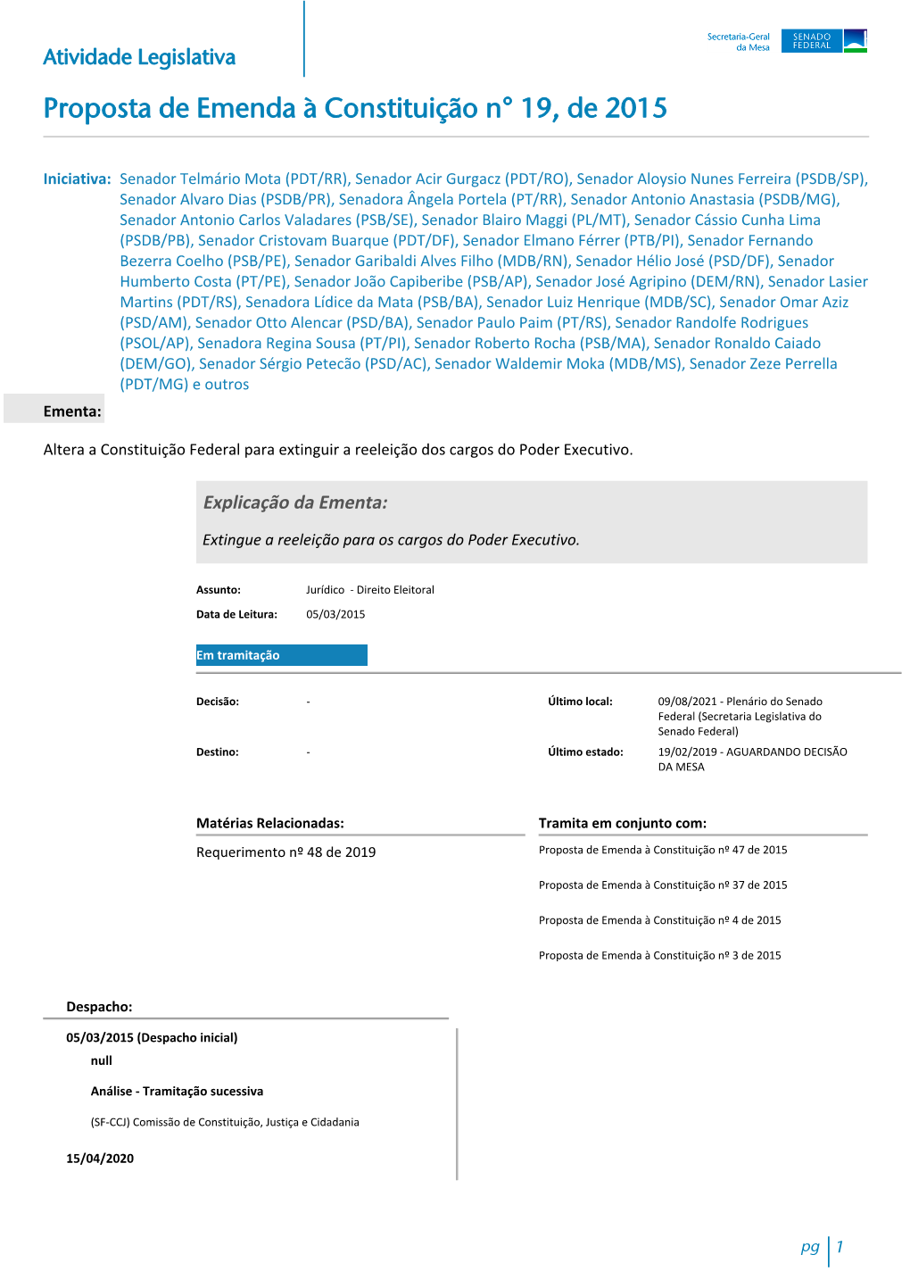 Proposta De Emenda À Constituição N° 19, De 2015
