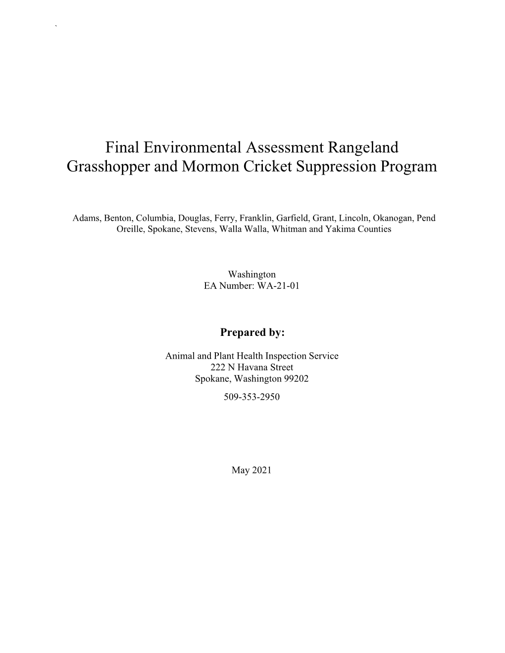 Site-Specific Environmental Assessment Rangeland Grasshopper And