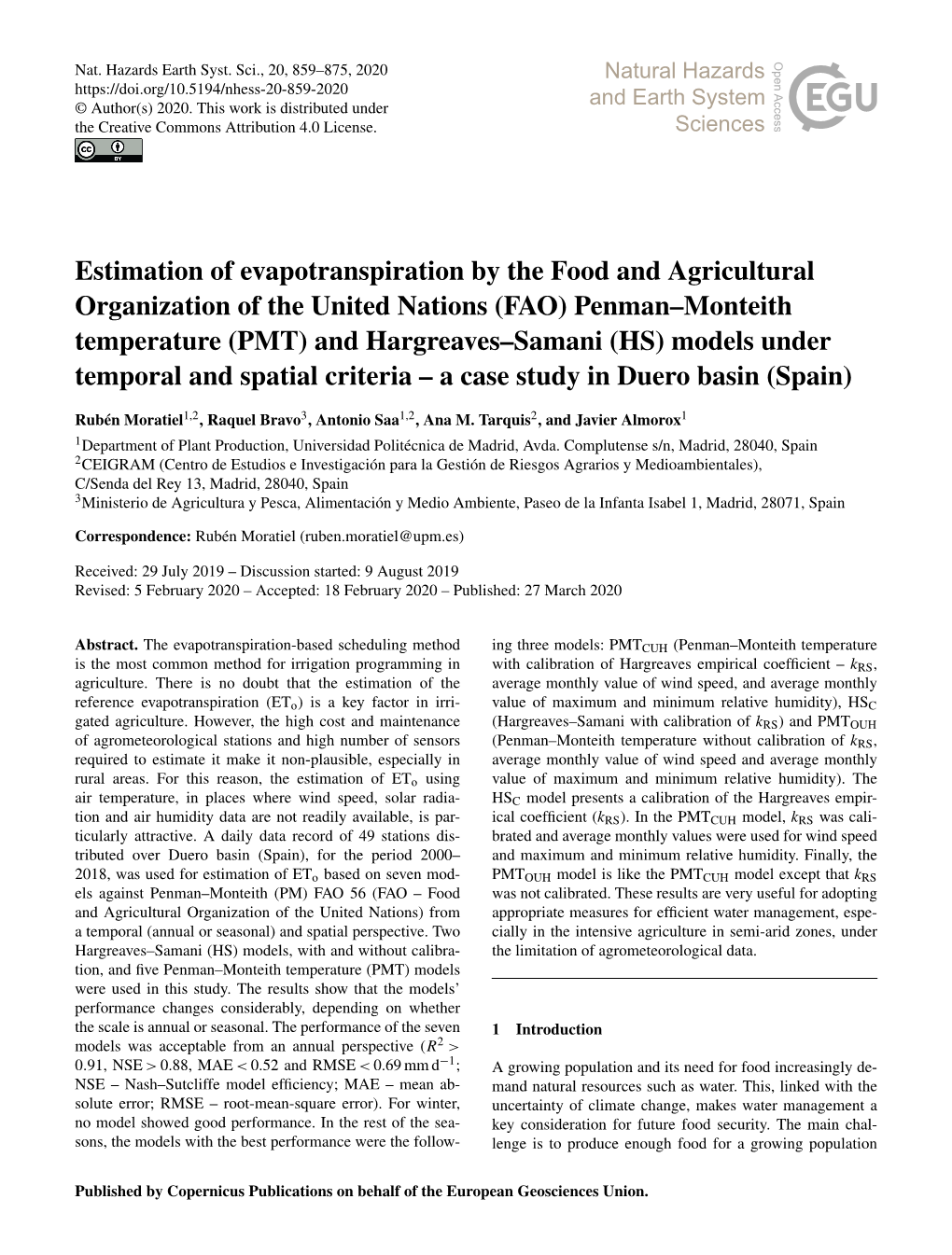 Estimation of Evapotranspiration by the Food and Agricultural