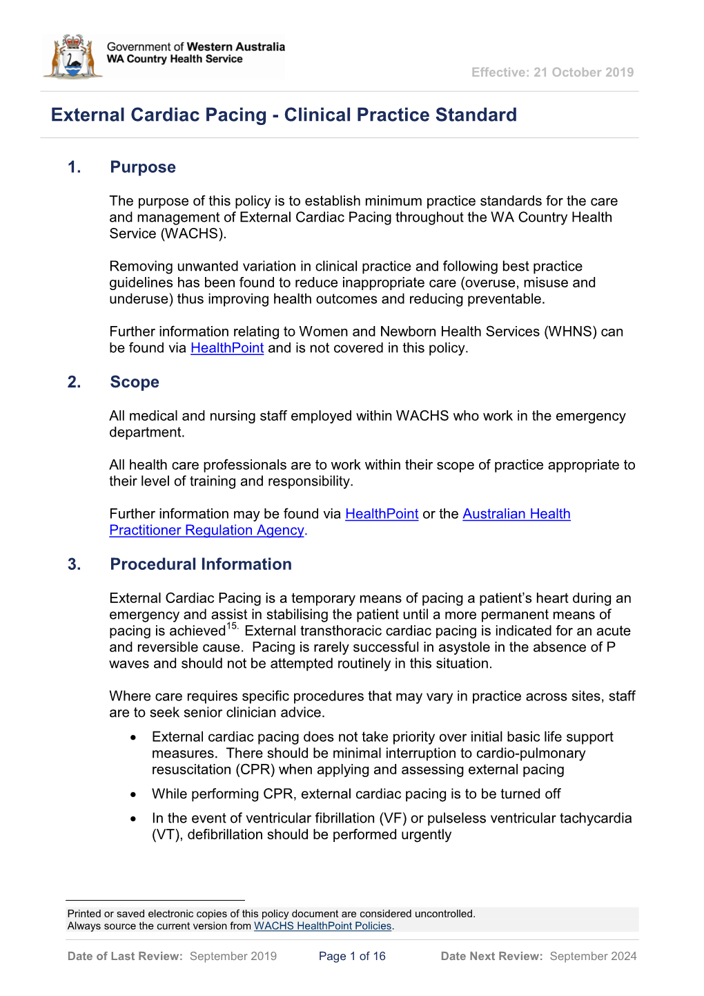 WACHS External Cardiac Pacing Clinical Practice Standard