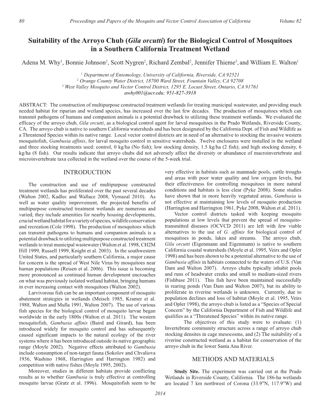 Suitability of the Arroyo Chub (Gila Orcutti) for the Biological Control of Mosquitoes in a Southern California Treatment Wetland