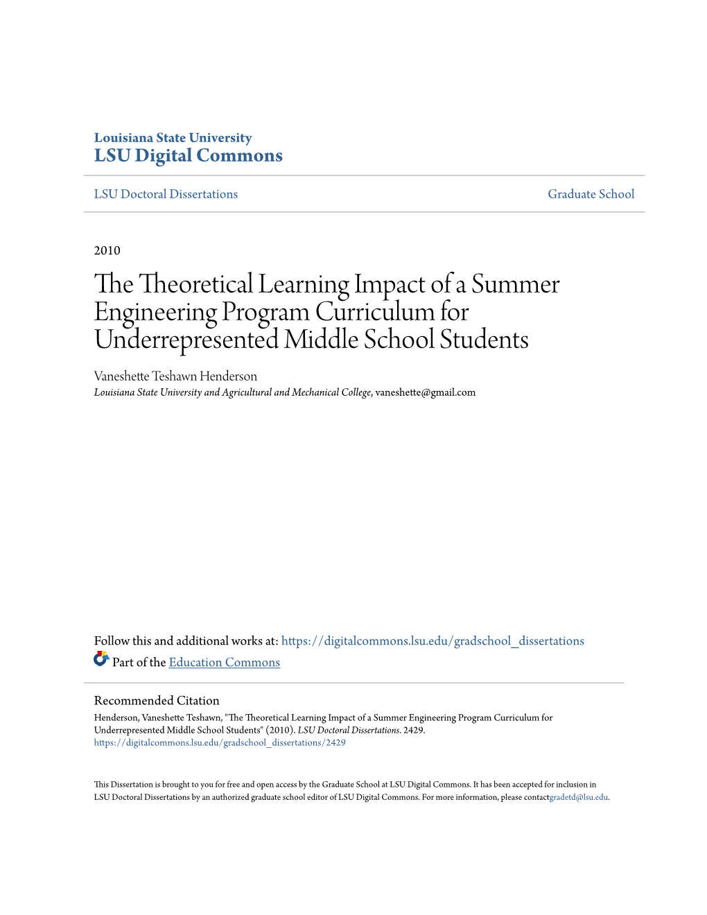 The Theoretical Learning Impact of a Summer Engineering Program Curriculum for Underrepresented Middle School Students