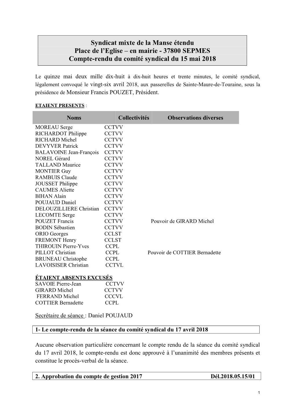 37800 SEPMES Compte-Rendu Du Comité Syndical Du 15 Mai 2018