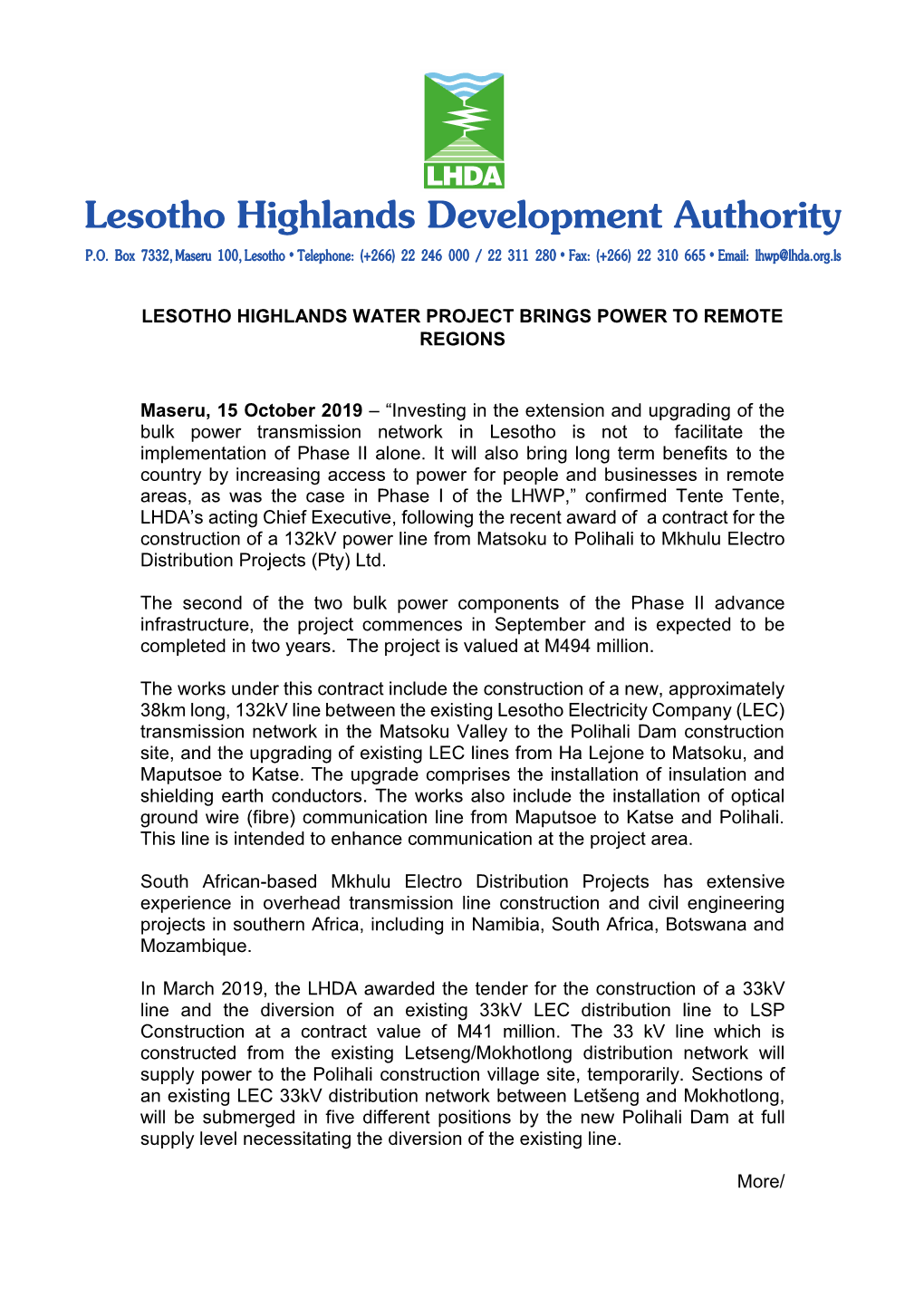 LESOTHO HIGHLANDS WATER PROJECT BRINGS POWER to REMOTE REGIONS Maseru, 15 October 2019