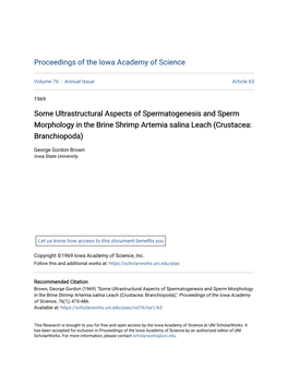 Some Ultrastructural Aspects of Spermatogenesis and Sperm Morphology in the Brine Shrimp Artemia Salina Leach (Crustacea: Branchiopoda)