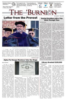 May 2014 Letter from the Provost Saying Goodbye with a Trip by Jeff Aper Back Through Time by Lindsey Becker As the 2013-14 School Year Until 2003