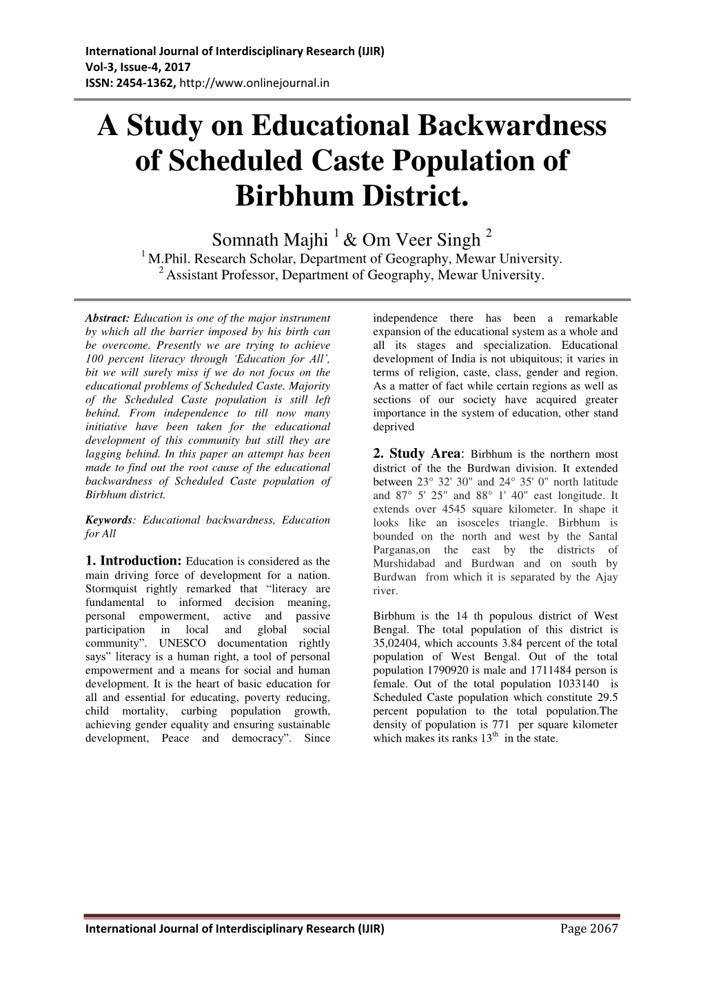 A Study on Educational Backwardness of Scheduled Caste Population of Birbhum District