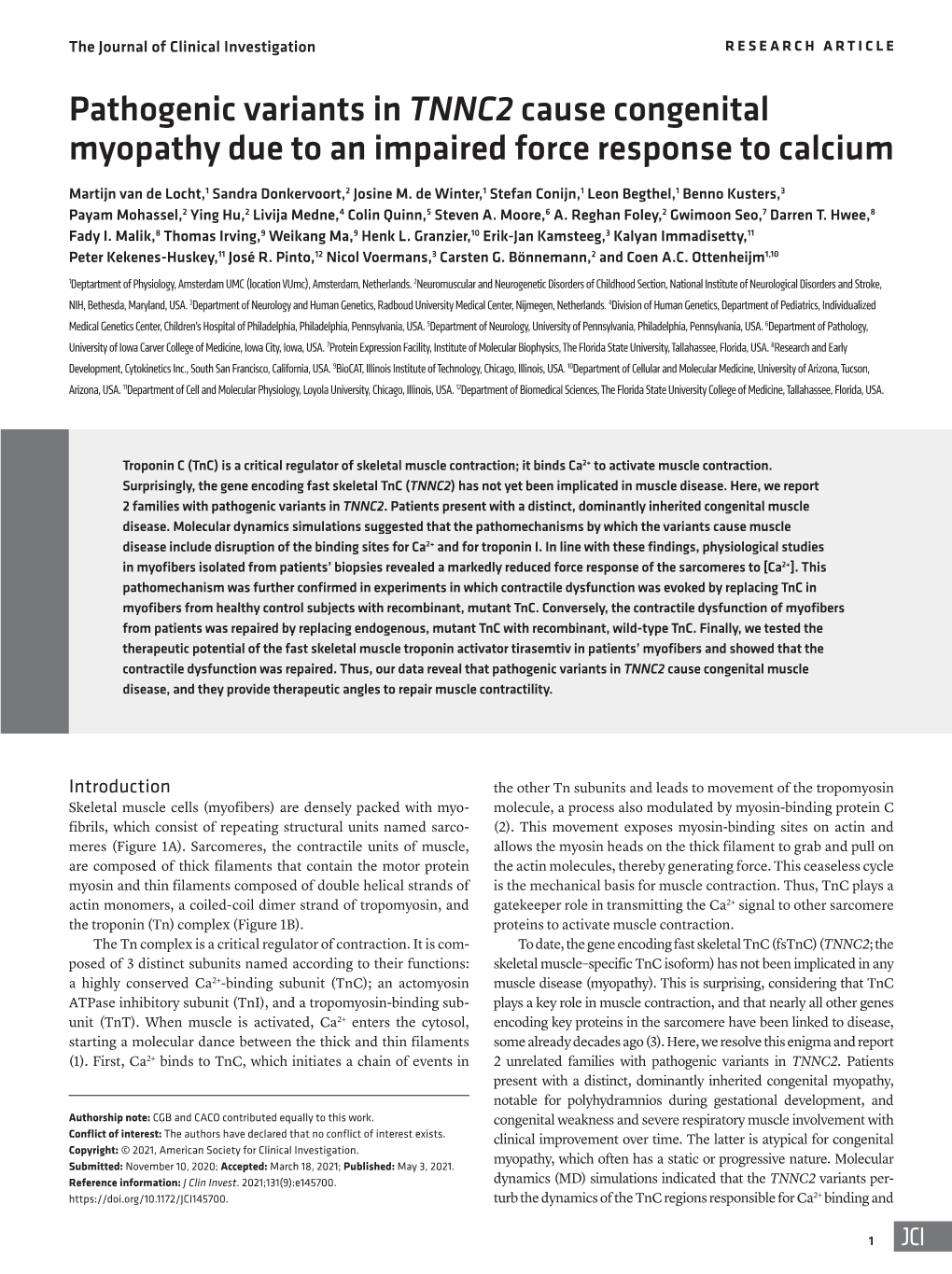 Pathogenic Variants in TNNC2 Cause Congenital Myopathy Due to an Impaired Force Response to Calcium